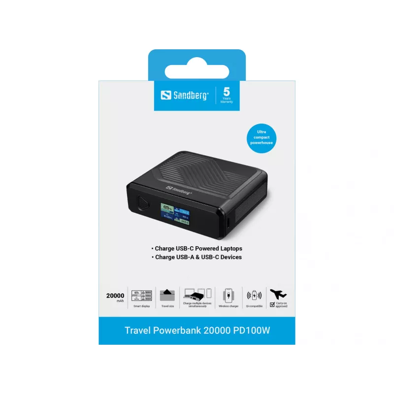 Przenośna ładowarka Sandberg Travel Powerbank 20000 PD100W, 20000 mAh