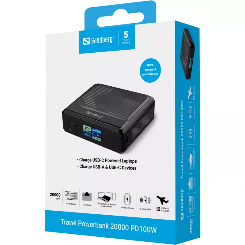 Przenośna ładowarka Sandberg Travel Powerbank 20000 PD100W, 20000 mAh