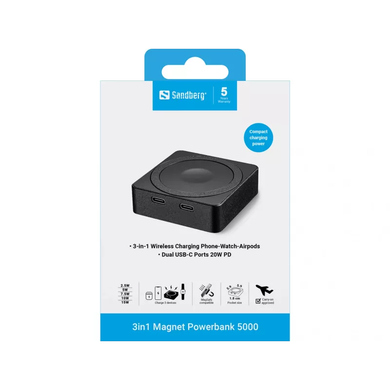 Przenośna bateria Sandberg 3in1 Magnet Powerbank 5000, 5000 mAh