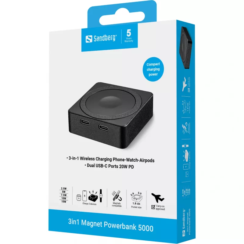 Przenośna bateria Sandberg 3in1 Magnet Powerbank 5000, 5000 mAh