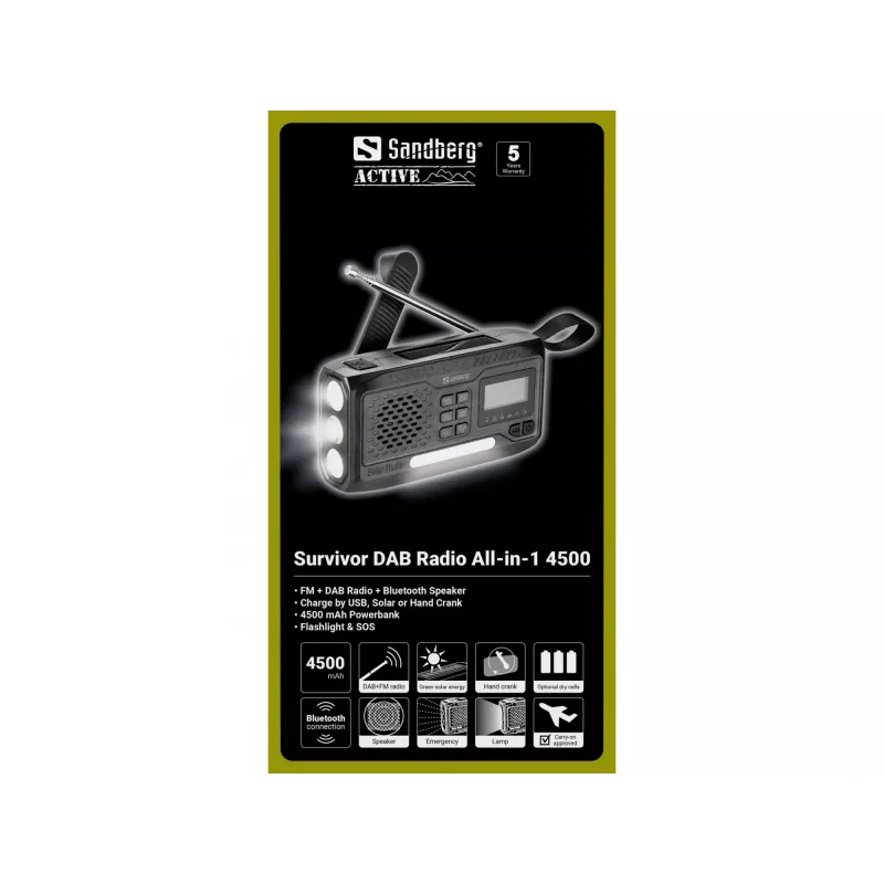 Radio przenośne SANDBERG Survivor DAB Radio All-in-1 4500 — DAB+/FM, 87,5–108 MHz, 3 W RMS, USB-A i USB-C, bateria 4500 mAh