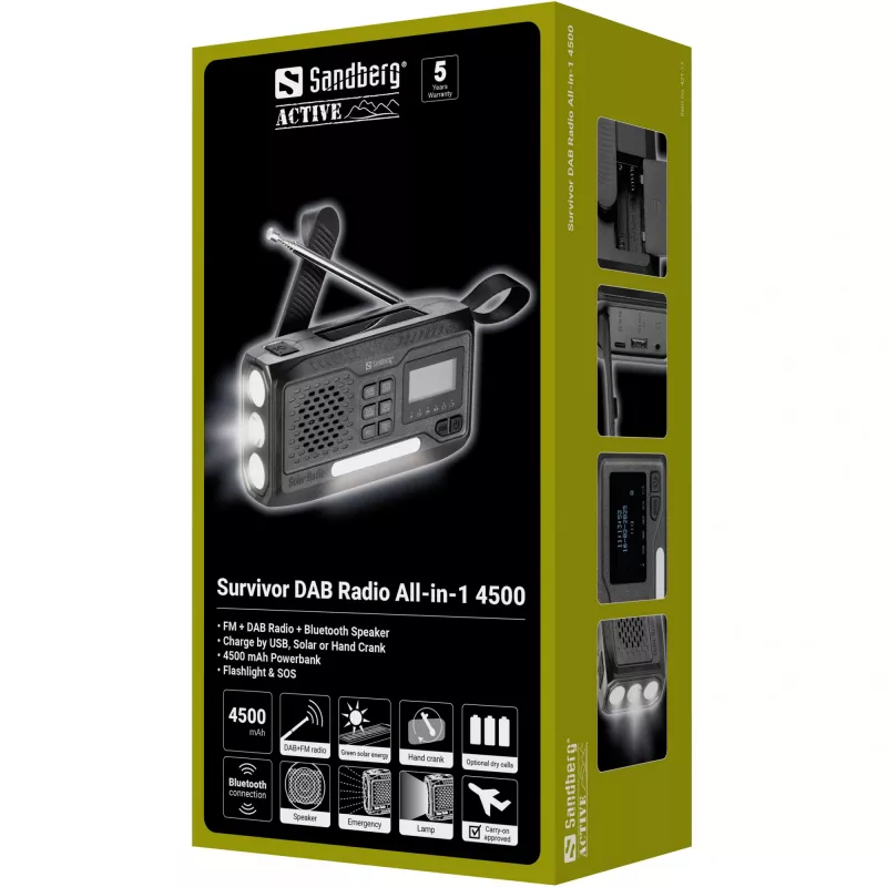 Radio przenośne SANDBERG Survivor DAB Radio All-in-1 4500 — DAB+/FM, 87,5–108 MHz, 3 W RMS, USB-A i USB-C, bateria 4500 mAh