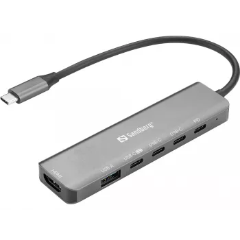 Hub stacji dokującej SANDBERG USB-C 6-w-1 MediaDock — USB 3.2 Gen 1 Type-C 10 Gbit/s, 4K HDMI, PD do 100W, 1×USB-A, 1×USB2.0, szary
