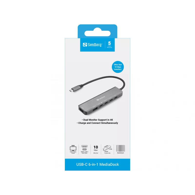 Hub stacji dokującej SANDBERG USB-C 6-w-1 MediaDock — USB 3.2 Gen 1 Type-C 10 Gbit/s, 4K HDMI, PD do 100W, 1×USB-A, 1×USB2.0, szary