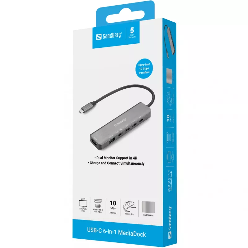 Hub stacji dokującej SANDBERG USB-C 6-w-1 MediaDock — USB 3.2 Gen 1 Type-C 10 Gbit/s, 4K HDMI, PD do 100W, 1×USB-A, 1×USB2.0, szary