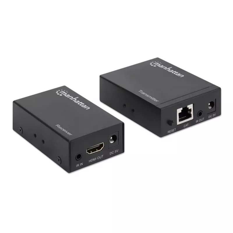 Manhattan HDMI 1080p przez Ethernet Extender Kit, Do 50 m pojedynczym kablem Cat6, Moduły Tx i Rx, Obsługa IR, Trzyletnia gwarancja