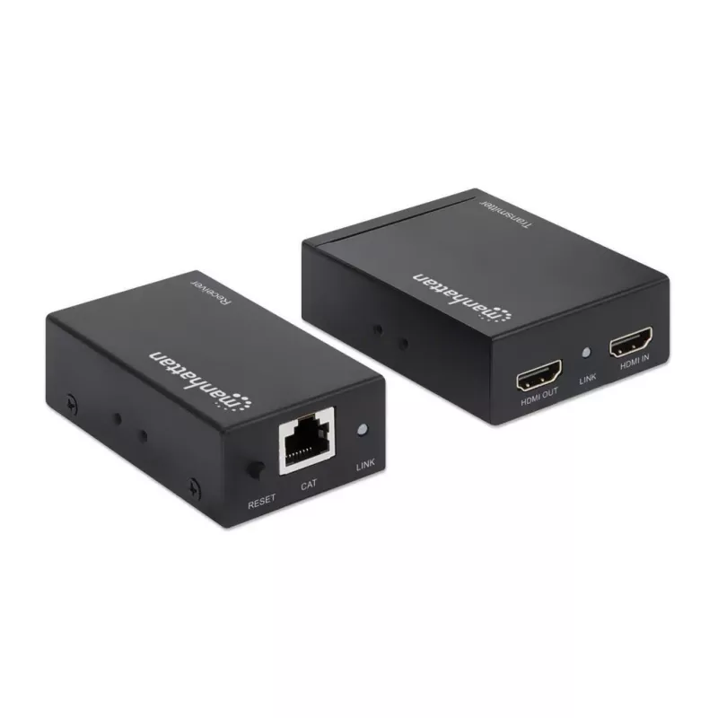 Manhattan HDMI 1080p przez Ethernet Extender Kit, Do 50 m pojedynczym kablem Cat6, Moduły Tx i Rx, Obsługa IR, Trzyletnia gwarancja