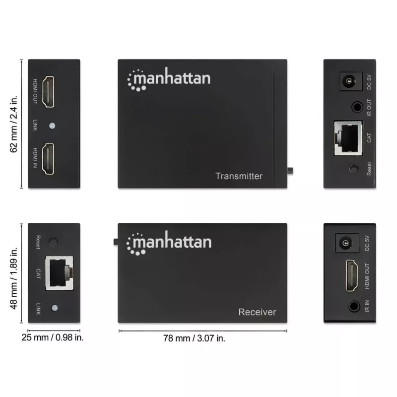 Manhattan HDMI 1080p przez Ethernet Extender Kit, Do 50 m pojedynczym kablem Cat6, Moduły Tx i Rx, Obsługa IR, Trzyletnia gwarancja