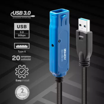 Lindy 20m USB 3.0 Aktywny Przedłużacz Pro USB A na USB A 5 Gbit/s
