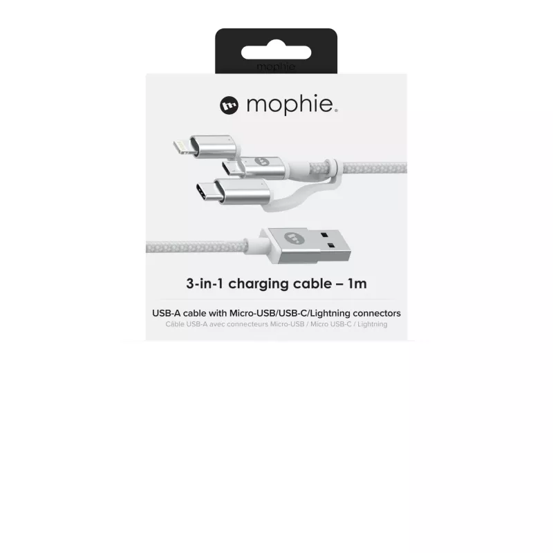 mophie Charge and Sync kabel- USB-A to Micro/USB-C/LTG- 1M- Biały