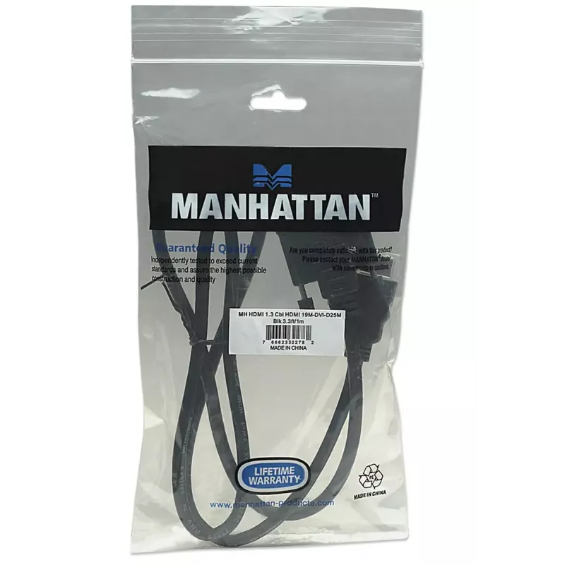 Kabel Manhattan HDMI na DVI-D 24+1, 1 m, męski na męski, czarny, Dual Link, kompatybilny z DVD-D, dożywotnia gwarancja, odpowiednik HDDVIMM1M