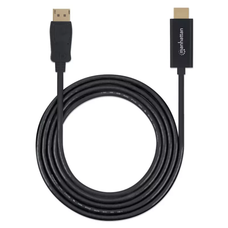 Przewód Manhattan DisplayPort 1.1 na HDMI, 1080p@60Hz, 1m, męski na męski, DP z zatrzaskiem, czarny, nie dwukierunkowy, trzy lata gwarancji