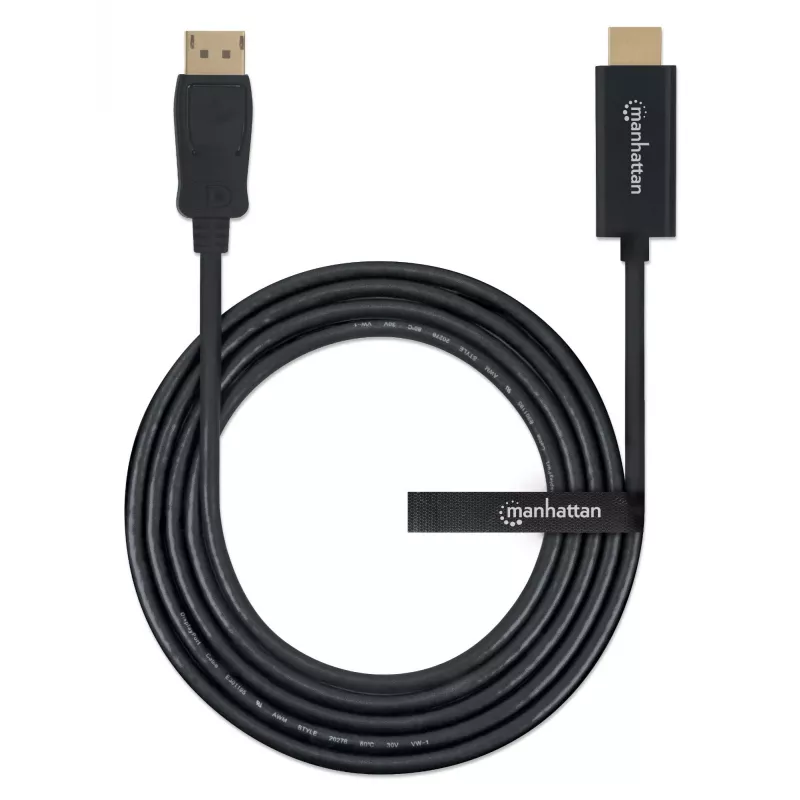 Manhattan DisplayPort 1.1 do HDMI Kabel, 1080p@60Hz, 1,8m, Męski do Męskiego, DP z zatrzaskiem, Czarny, Nie dwukierunkowy, Trzyletnia gwarancja