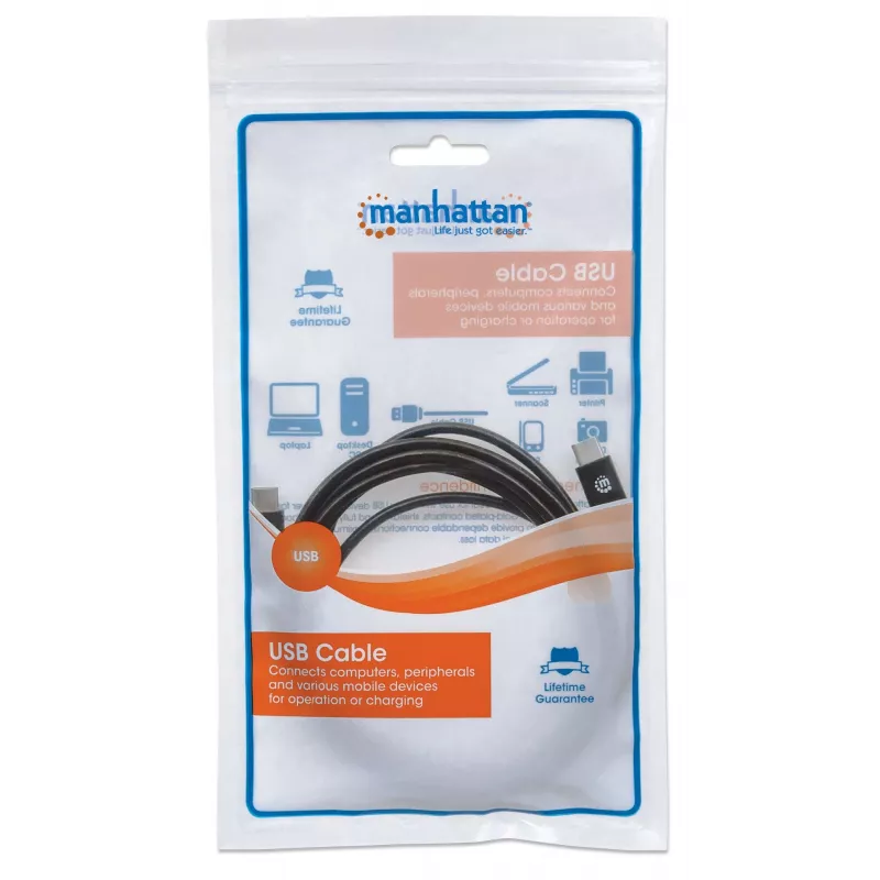 Kabel Manhattan USB-C na USB-C, 2 m, męski na męski, czarny, 480 Mb/s (USB 2.0), 3 A, Hi-Speed USB, dożywotnia gwarancja, odpowiednik USB2CC2M