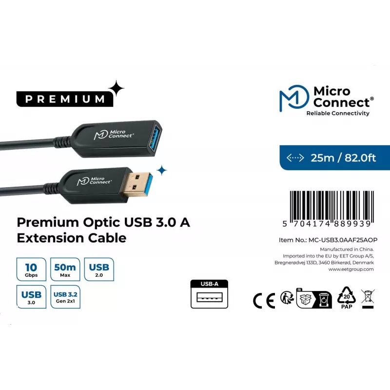 Microconnect MC-USB3.0AAF25AOP kabel USB USB 3.2 Gen 2 (3.1 Gen 2) 25 m USB A Czarny