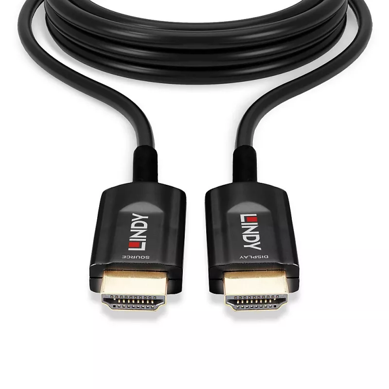 Hybrydowy kabel HDMI światłowodowy Lindy 15 m, Ultra High Speed 48 Gbit/s, HDMI 2.1, pozłacane złącza, czarny