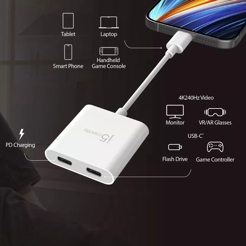Adapter USB-C na podwójny USB-C j5create JCA164-N 3840x2160 240 Hz