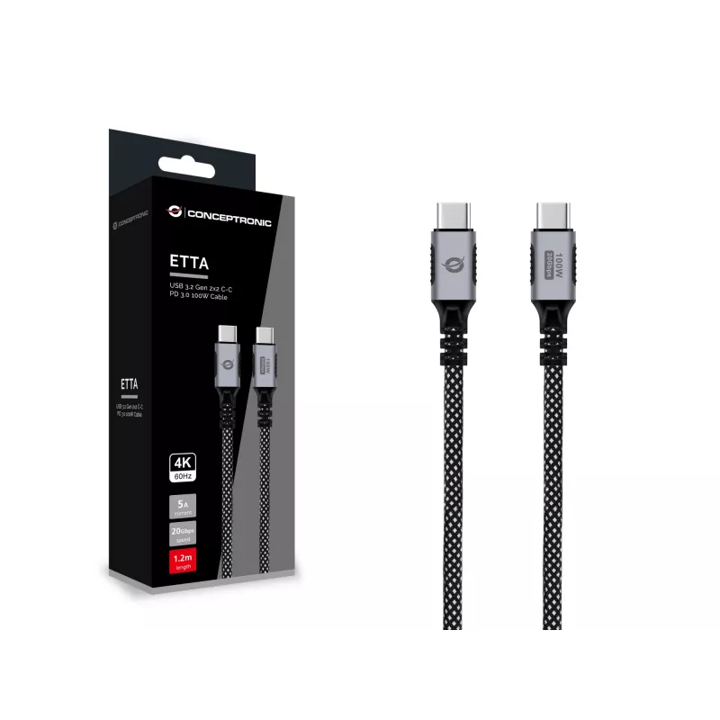 Kabel CONCEPTRONIC USB-C na USB-C ETTA07B12 — USB 3.2 Gen 2x2, 1,2 m, 20 Gb/s, PD 3.0 100 W (20 V/5 A), 4K60Hz, czarny, E‑Mark
