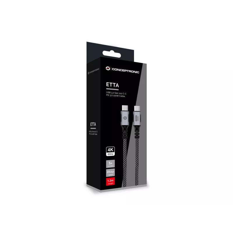 Kabel CONCEPTRONIC USB-C na USB-C ETTA07B12 — USB 3.2 Gen 2x2, 1,2 m, 20 Gb/s, PD 3.0 100 W (20 V/5 A), 4K60Hz, czarny, E‑Mark