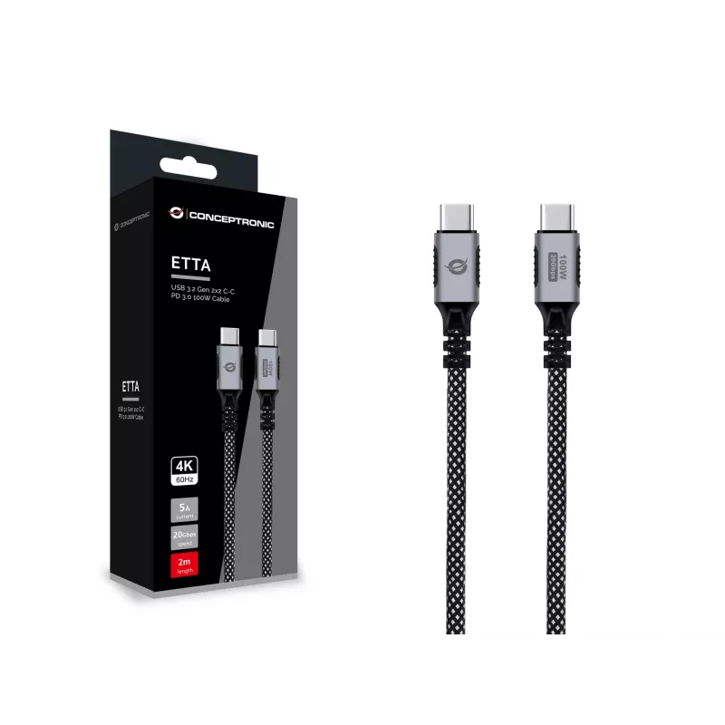 Kabel USB-C do USB-C CONCEPTRONIC ETTA07B20 — USB 3.2 Gen 2x2, 2 m, 20 Gb/s, PD 3.0 100 W (20 V 5 A), 4K@60 Hz, E-mark