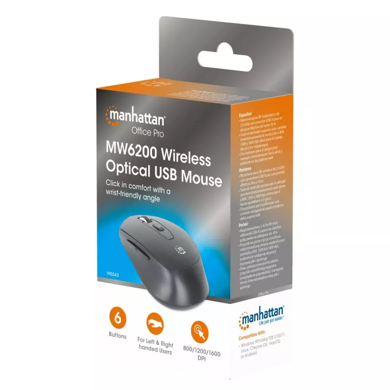 Manhattan MW6200 mysz bezprzewodowa, odbiornik nano USB-A, czarna