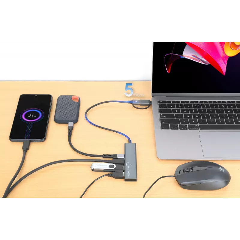 Stacja dokująca/hub combo USB-C i USB-A Manhattan 4 porty 5 Gb/s aluminium