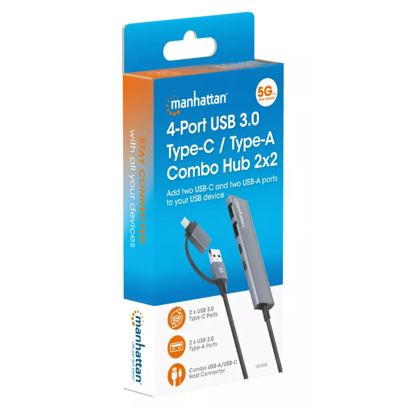 Stacja dokująca/hub combo USB-C i USB-A Manhattan 4 porty 5 Gb/s aluminium