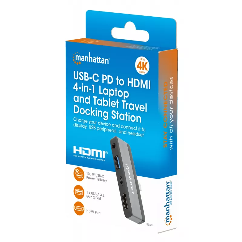 Podróżna stacja dokująca USB-C Manhattan 190404 4 porty HDMI USB-A USB-C 3,5 mm