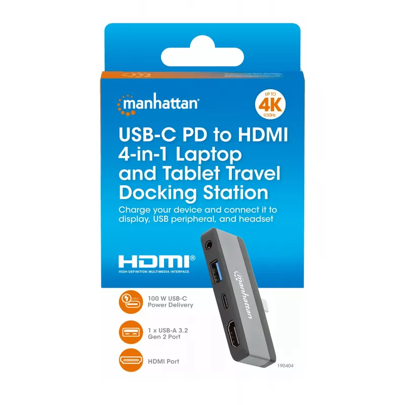 Podróżna stacja dokująca USB-C Manhattan 190404 4 porty HDMI USB-A USB-C 3,5 mm