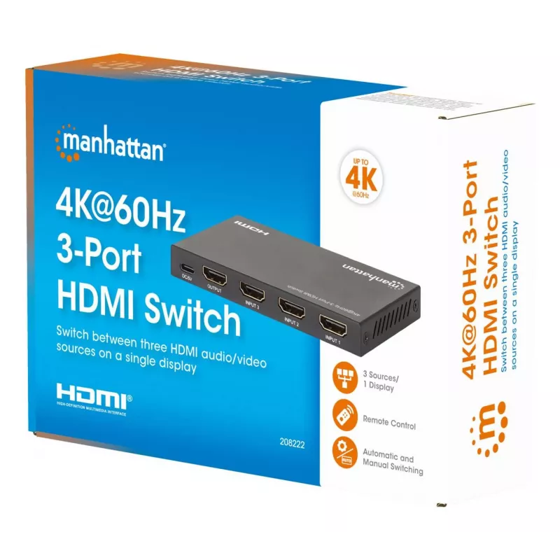 HDMI Switch 3x1 MANHATTAN 18G Automatyczny Ręczny Pilot IR Czarny