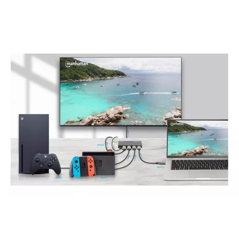 HDMI Switch 3x1 MANHATTAN 18G Automatyczny Ręczny Pilot IR Czarny