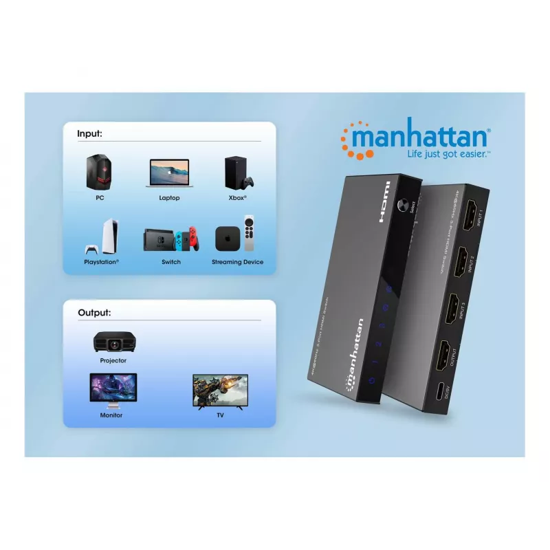 HDMI Switch 3x1 MANHATTAN 18G Automatyczny Ręczny Pilot IR Czarny
