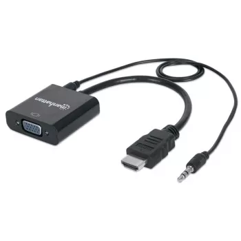 Kabel konwertera Manhattan HDMI na VGA (z audio), 1080p, 30 cm, wtyk na gniazdo, port zasilania Micro-USB do dodatkowego zasilania, jeśli potrzebne, czarny, trzyletnia gwarancja