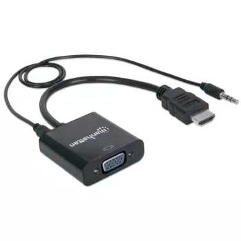 Kabel konwertera Manhattan HDMI na VGA (z audio), 1080p, 30 cm, wtyk na gniazdo, port zasilania Micro-USB do dodatkowego zasilania, jeśli potrzebne, czarny, trzyletnia gwarancja