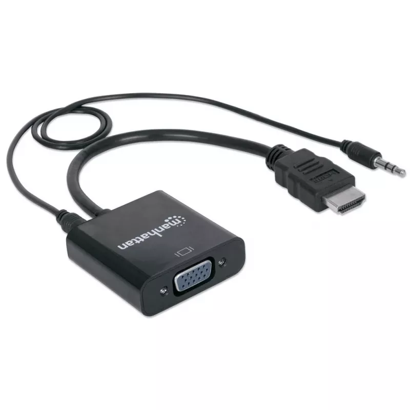 Kabel konwertera Manhattan HDMI na VGA (z audio), 1080p, 30 cm, wtyk na gniazdo, port zasilania Micro-USB do dodatkowego zasilania, jeśli potrzebne, czarny, trzyletnia gwarancja