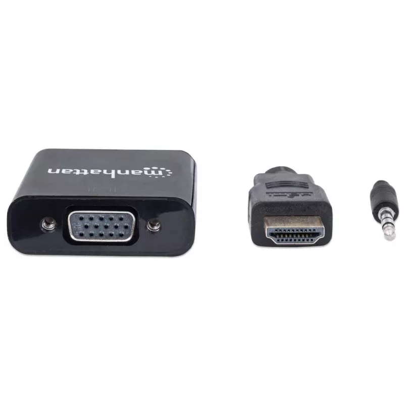 Kabel konwertera Manhattan HDMI na VGA (z audio), 1080p, 30 cm, wtyk na gniazdo, port zasilania Micro-USB do dodatkowego zasilania, jeśli potrzebne, czarny, trzyletnia gwarancja