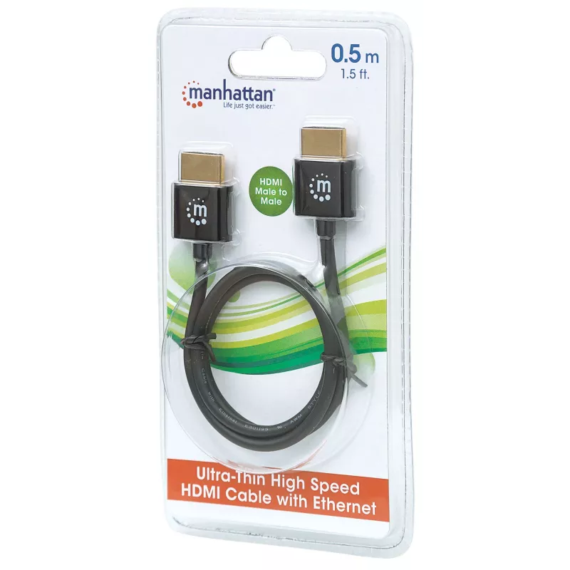 Manhattan Kabel HDMI z Ethernetem (ultracienki), 4K@60Hz (Premium High Speed), 0,5 m, Męski do Męskiego, Czarny, Ultra HD 4K x 2K, W pełni ekranowany, Złocone styki, Dożywotnia gwarancja