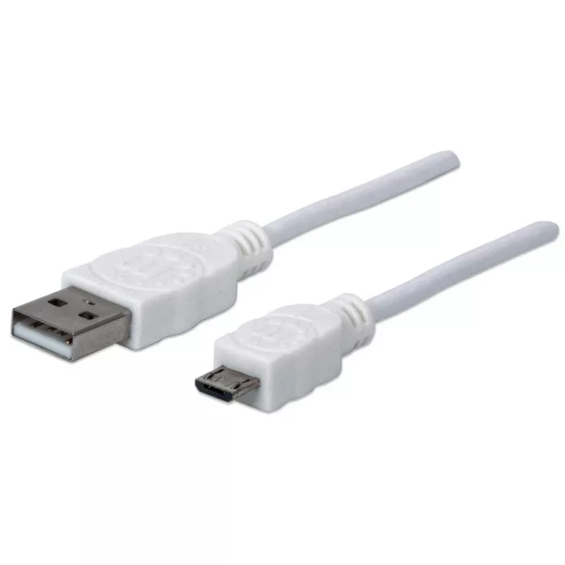 Kabel Manhattan USB-A na Micro-USB, 1,8 m, wtyk męski na wtyk męski, 480 Mb/s (USB 2.0), Hi-Speed USB, biały, dożywotnia gwarancja