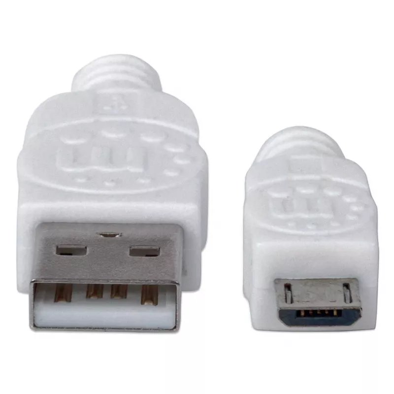 Kabel Manhattan USB-A na Micro-USB, 1,8 m, wtyk męski na wtyk męski, 480 Mb/s (USB 2.0), Hi-Speed USB, biały, dożywotnia gwarancja