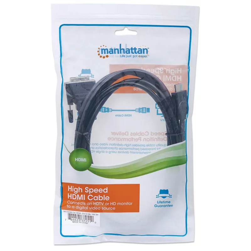 Manhattan HDMI do DVI-D 24+1 Kabel, 3m, Męski do Męskiego, Czarny, Dual Link, Kompatybilny z DVD-D, Dożywotnia Gwarancja, Odpowiednik HDDVIMM3M