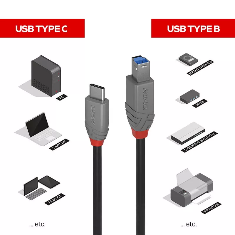 Kabel Lindy 0,5 m USB 3.2 Typ C na B 5 Gb/s, czarny