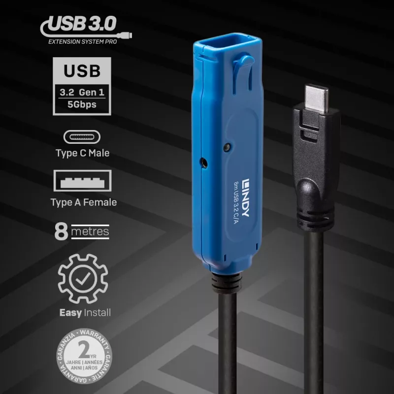 Lindy 43381 Kabel USB USB 3.2 Gen 1 (3.1 Gen 1) 8 m USB C USB A Czarny, Niebieski
