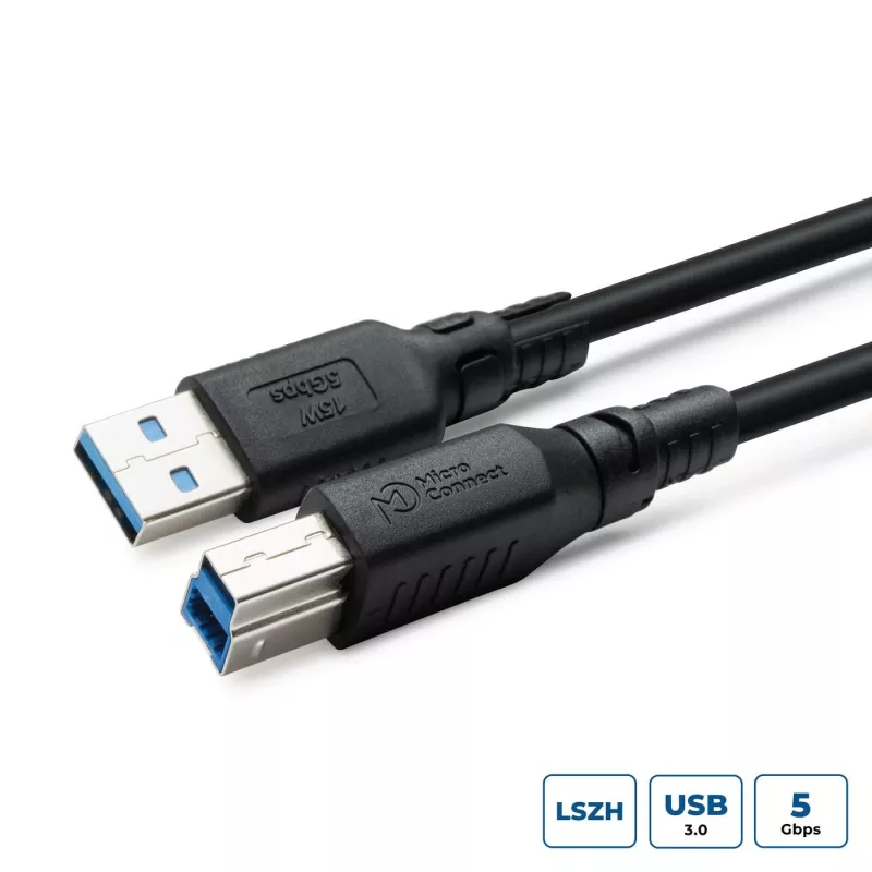 Kabel USB A–B MicroConnect USB3.0AB2B‑LSZH 2 m, USB 3.2 Gen 1 (Micro-B/B), bezhalogenowy niskodymny
