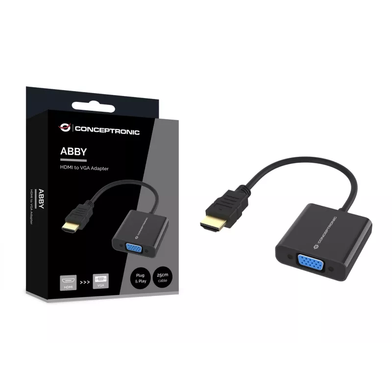 Conceptronic ABBY20B Adapter HDMI na VGA, 0,25 m, HDMI Typ A (Standard), VGA (D-Sub), Męski, Żeński, Prosty