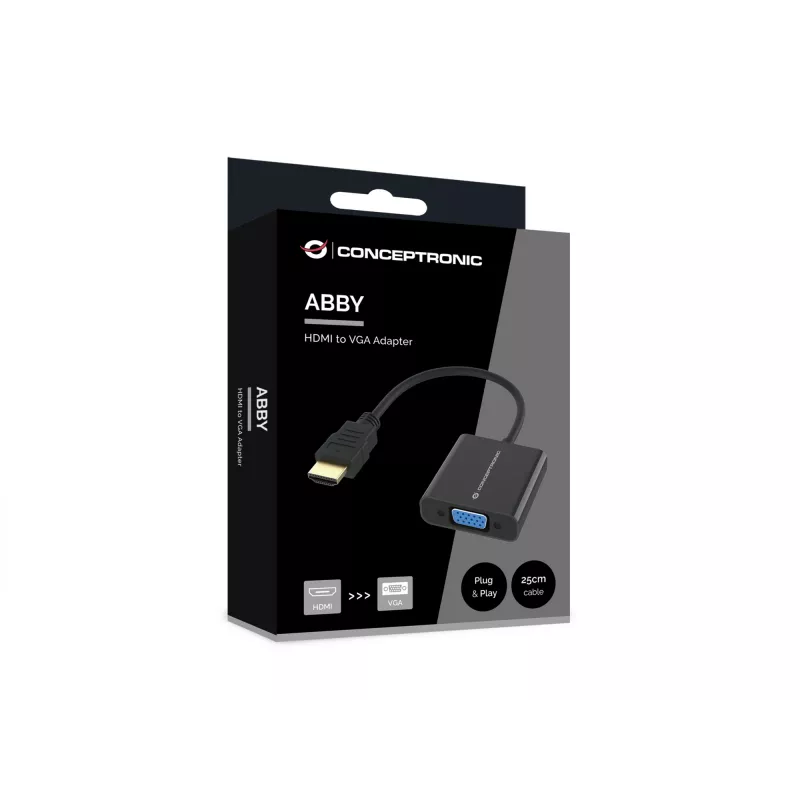 Conceptronic ABBY20B Adapter HDMI na VGA, 0,25 m, HDMI Typ A (Standard), VGA (D-Sub), Męski, Żeński, Prosty