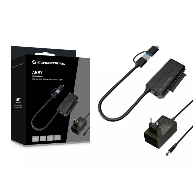 Adapter Conceptronic ABBY21B USB 3.0 SATA z zasilaczem, dyski 2,5 cala/3,5 cala SATA HDD/SSD, kabel 2-w-1 USB C/A