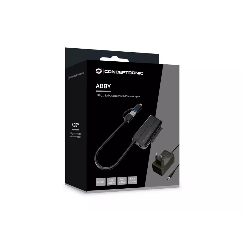 Adapter Conceptronic ABBY21B USB 3.0 SATA z zasilaczem, dyski 2,5 cala/3,5 cala SATA HDD/SSD, kabel 2-w-1 USB C/A
