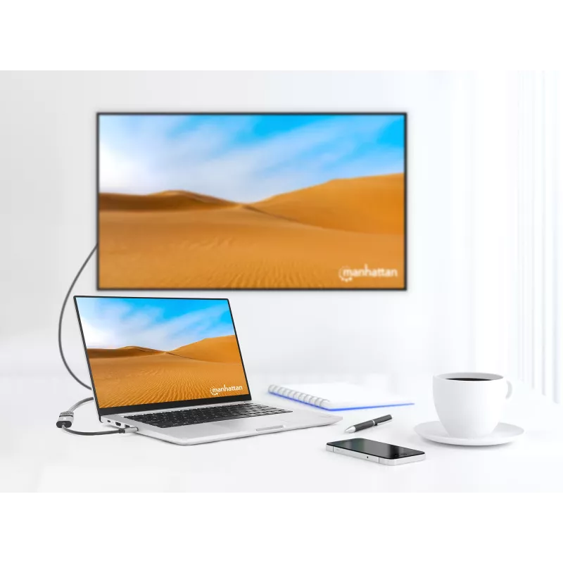 Manhattan Kabel USB-C na HDMI, 4K@60Hz, 5 Gb/s (USB 3.2 Gen1 aka USB 3.0), 11 cm, męski na męski, czarno-srebrny, trzyletnia gwarancja