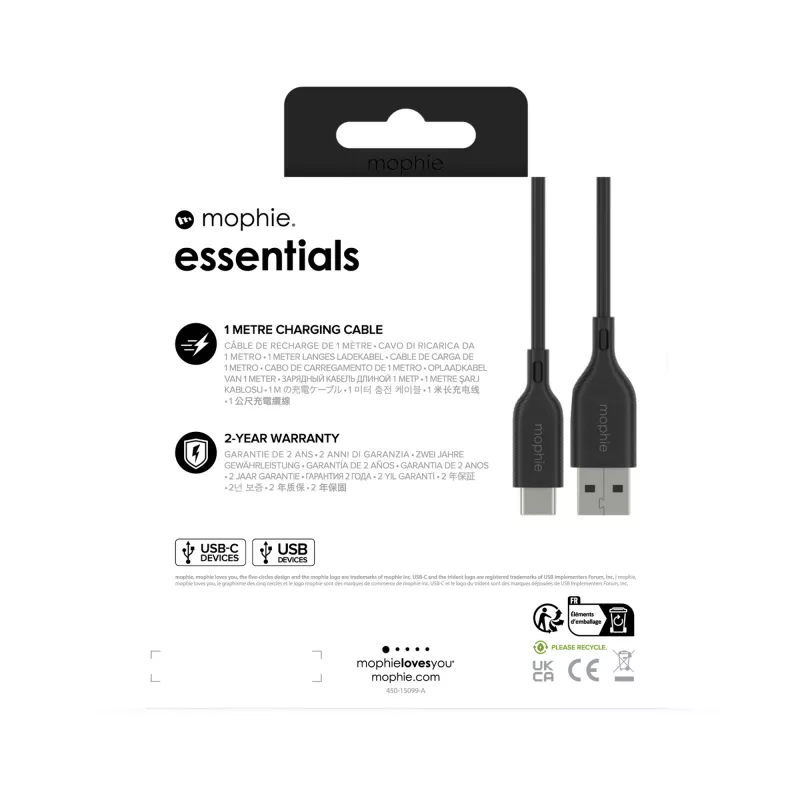 Kabel ładujący mophie essentials | Kabel USB 1M USB 2.0 USB A – USB C Czarny