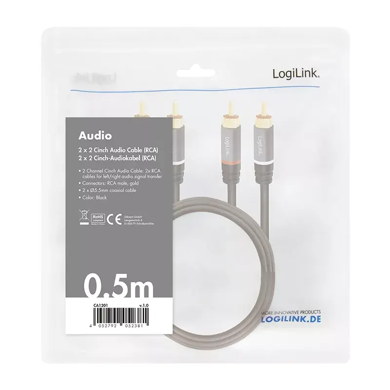 Kabel audio LogiLink CA1201 0,5 m 2 x RCA czarny